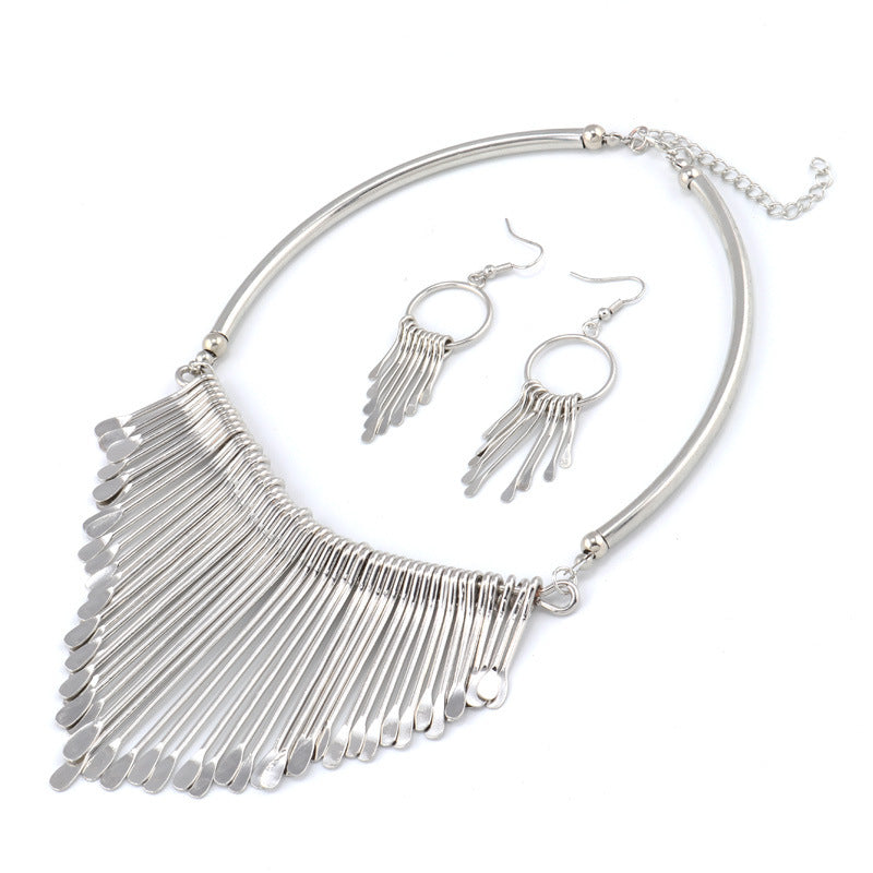 Metallic Tassel Necklace Set-Silver-Theone Apparel