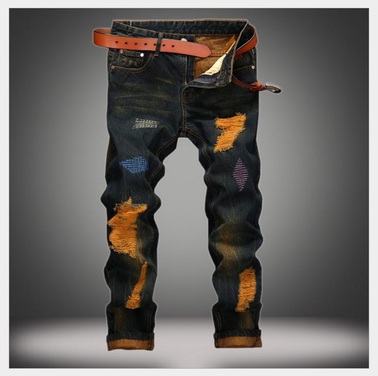 Neon Vibes Ripped Jeans with Belt-Dark Blue/Light Brown-Theone Apparel