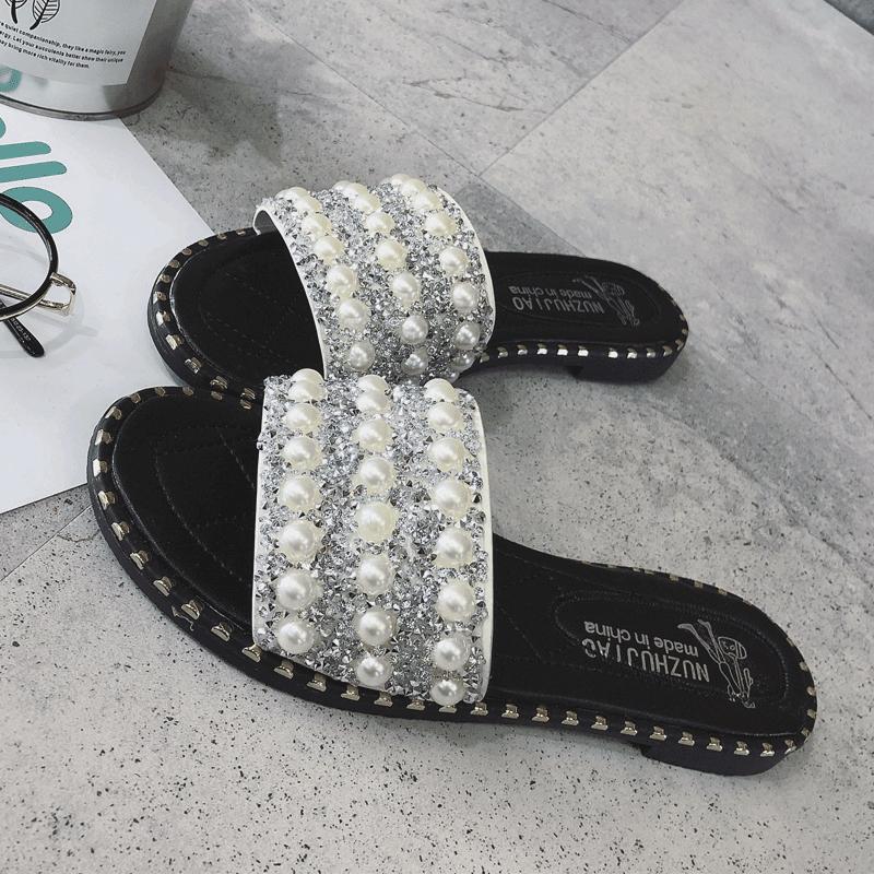 Pearl Encrusted Stud Trim Slippers-White 3-Theone Apparel