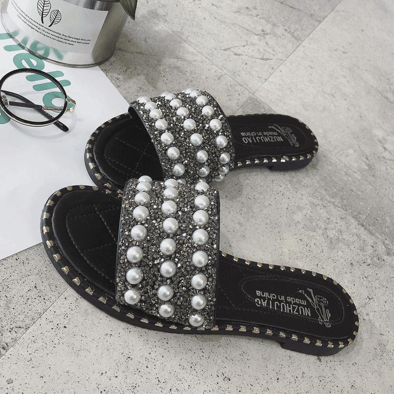 Pearl Encrusted Stud Trim Slippers-Black 3-Theone Apparel