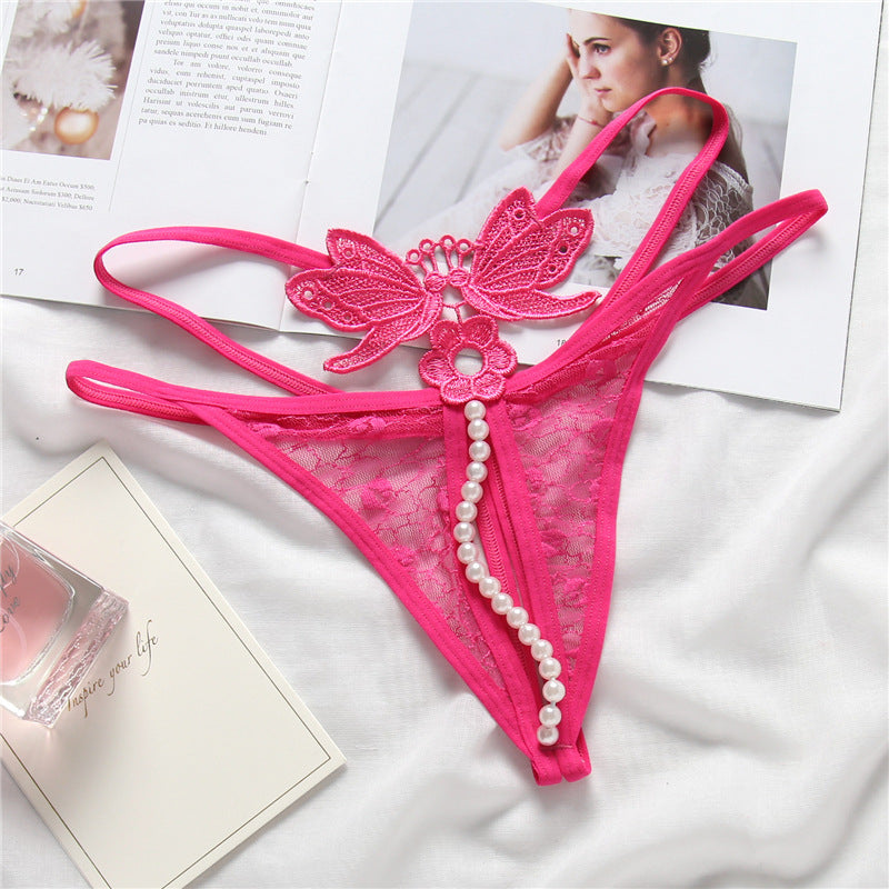 Pearl String and Butterfly Embroidery Thongs-Rose Red-Theone Apparel