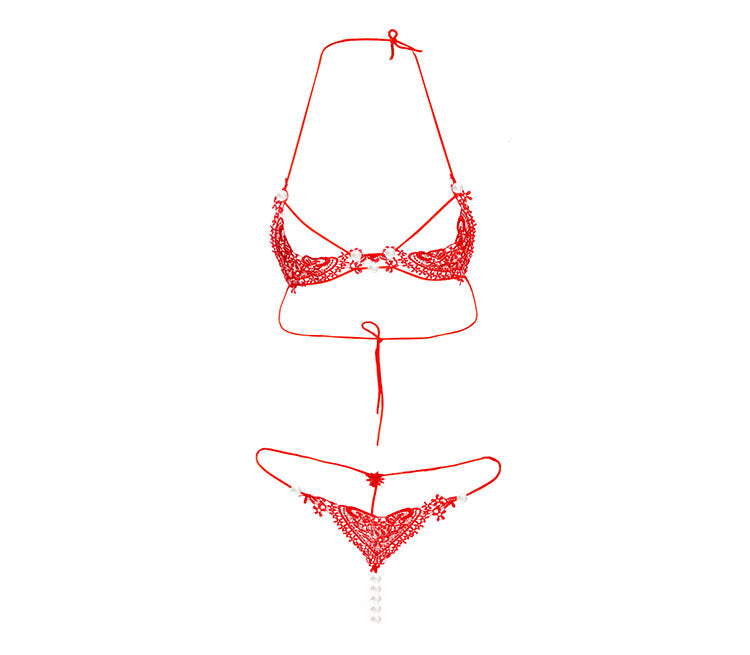 Pearly Cage Strap Bra and Panty Set-Red-Theone Apparel