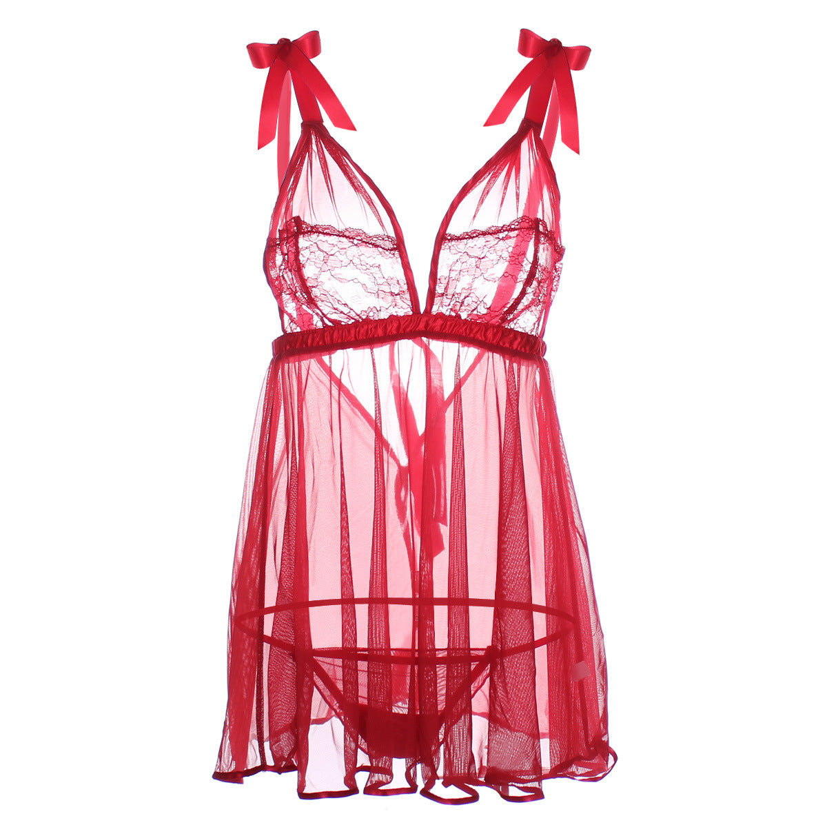Peekaboo Pleats Bow Strap Babydoll-Maroon-Theone Apparel
