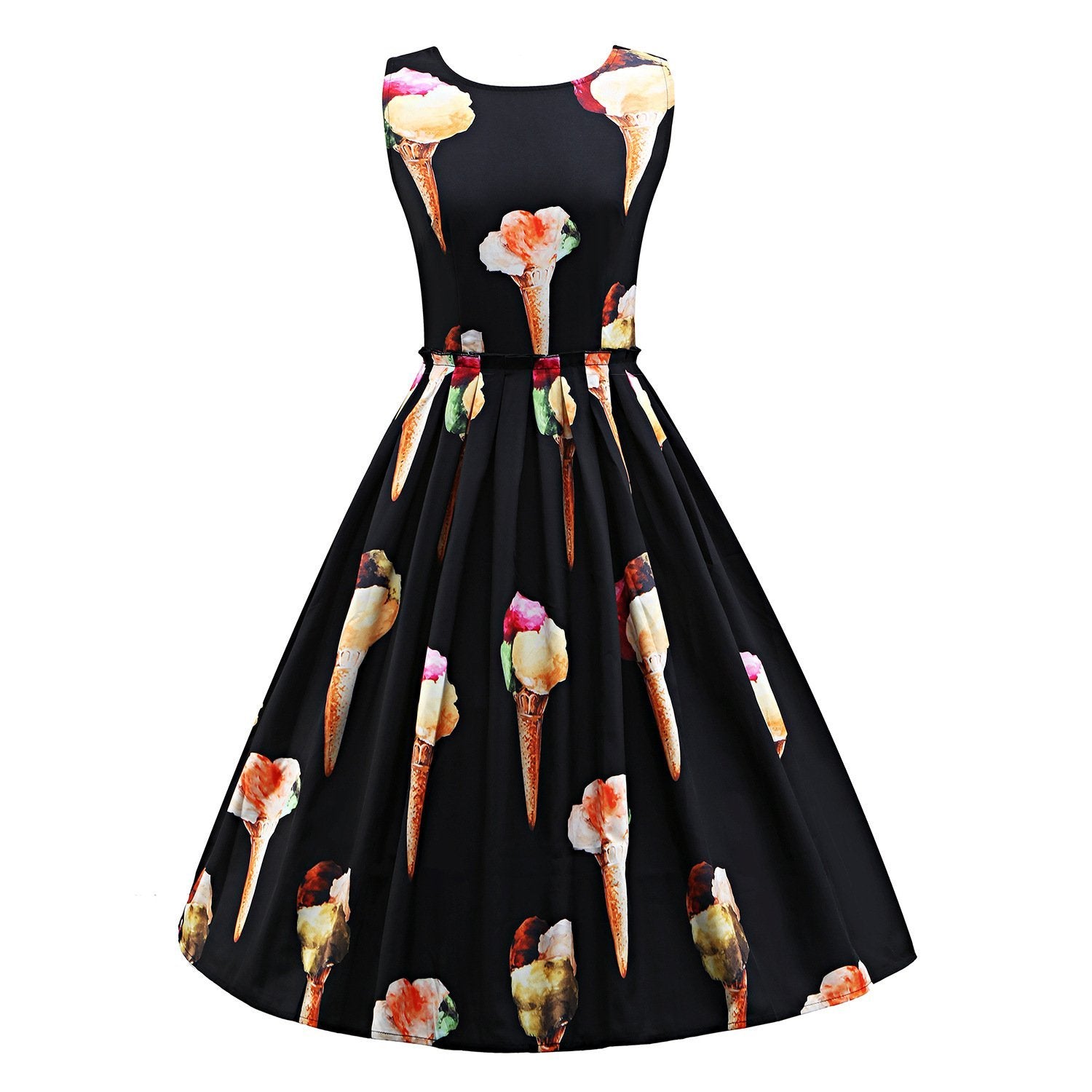 Pleated Dessert Print A Line Dress-Black-Theone Apparel