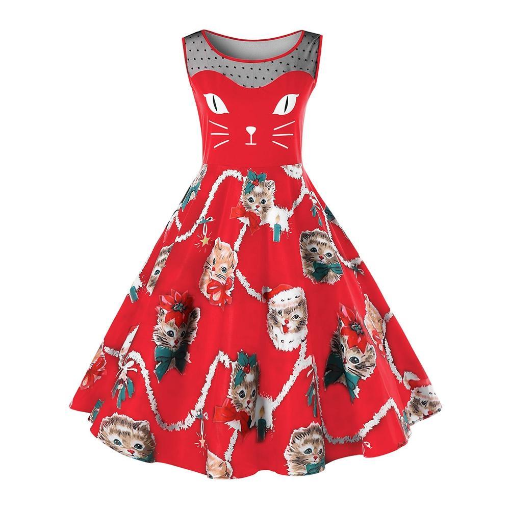 Plus Size Christmas Kitten Dress-Bright Red-Theone Apparel