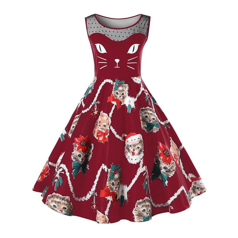 Plus Size Christmas Kitten Dress-Maroon-Theone Apparel