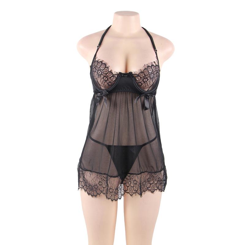 Plus Size Sheer Lace Babydoll Mini Dress-Black-Theone Apparel