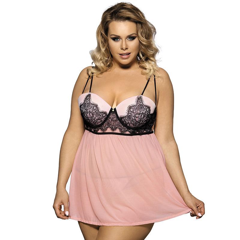 Plus Size Strappy Lacy Babydoll Mini Dress-Pink-Theone Apparel