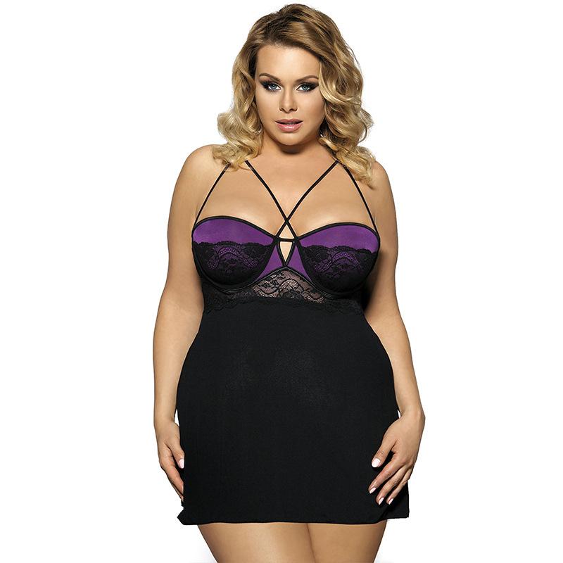 Plus Size Straps & Lace Balconette Dress-Black/Purple-Theone Apparel