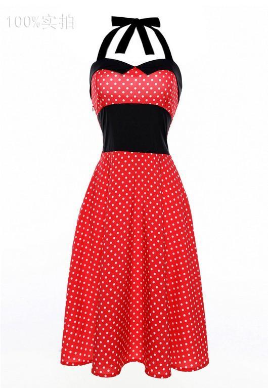 Polka Dots and Pleats Halter Dress-Red-Theone Apparel