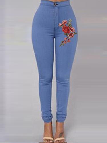 Red Floral Embroidery Skinny Jeans-Blue-Theone Apparel