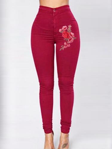 Red Floral Embroidery Skinny Jeans