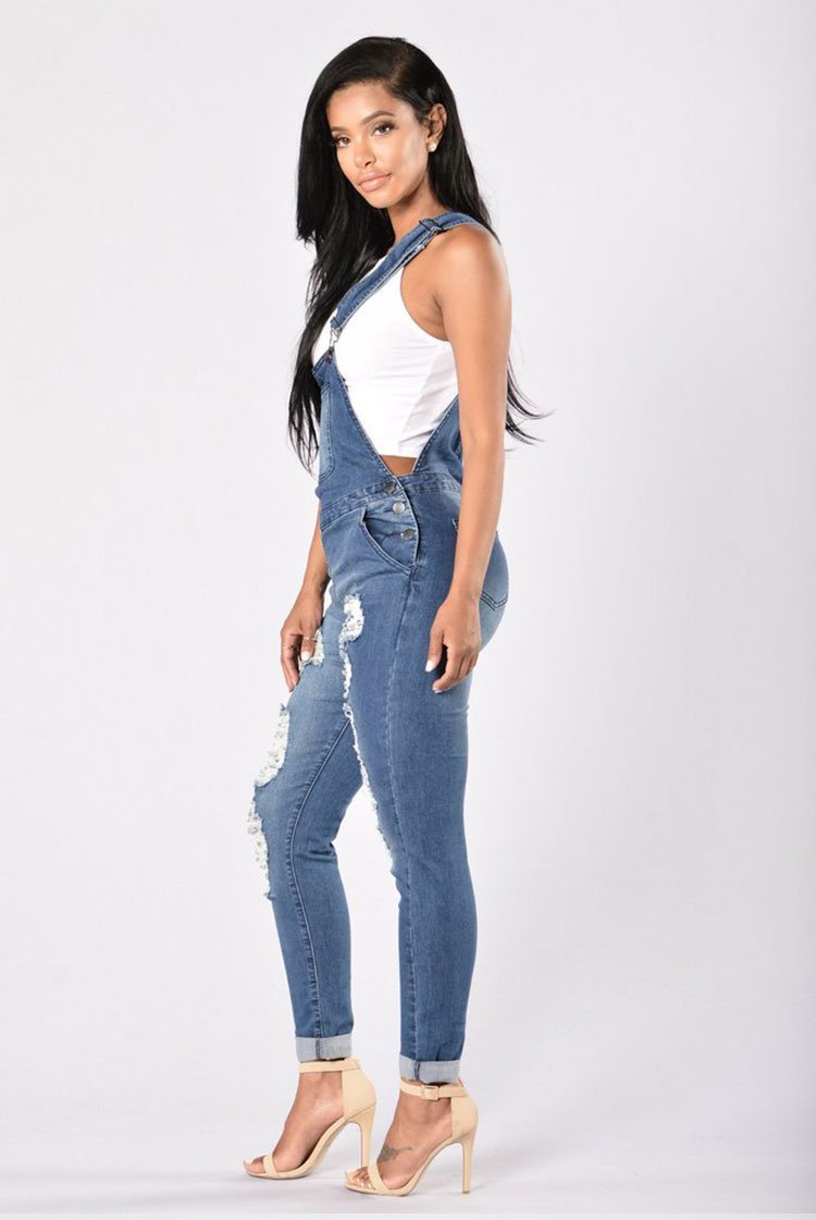 Ripped Ankle Cuff Jean Overalls - Theone Apparel