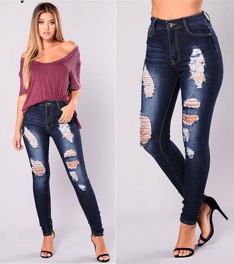 Ripped Dark Denim Skinny Jeans-Dark Blue-Theone Apparel