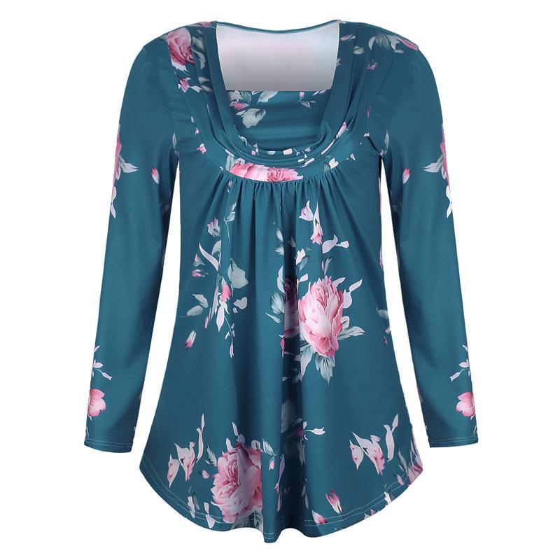Ruched Collar Floral Print Blouse-Green-Theone Apparel