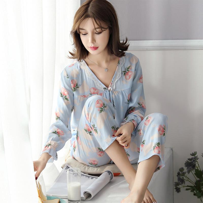 Ruffle Cuffs Floral Sleepwear Set-Blue-Theone Apparel