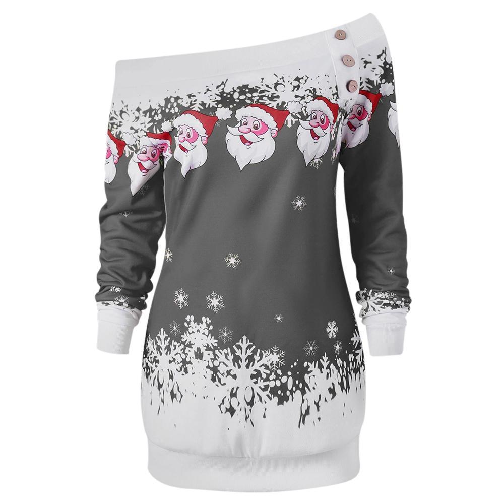 Santa Snowflakes Skew Neck Sweatshirt-Gray-Theone Apparel