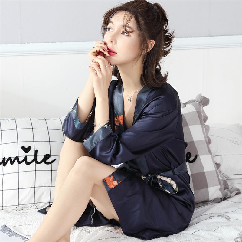 Satiny Robe with Floral Trim-Blue-Theone Apparel