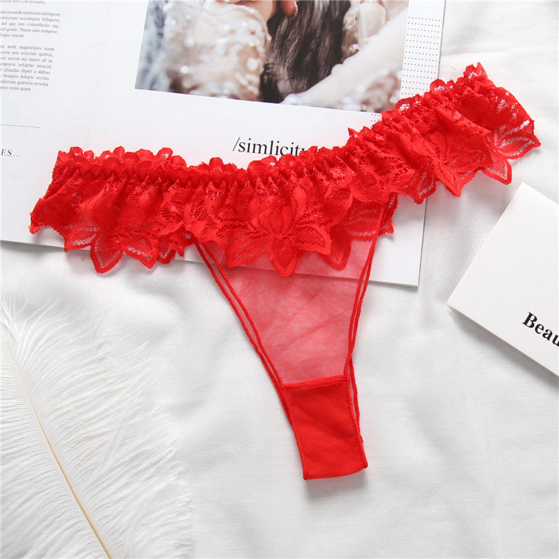 Sheer Lace Ruffle Thong Panty-Red-Theone Apparel