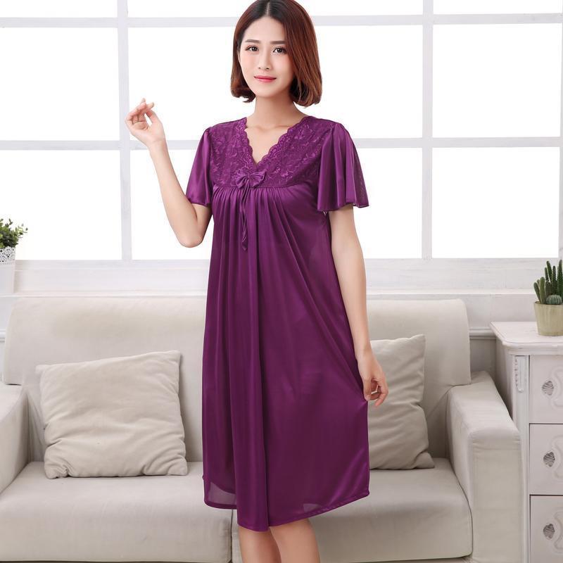 Short Sleeve Pleated Nightgown Dress-Purple 2-Theone Apparel