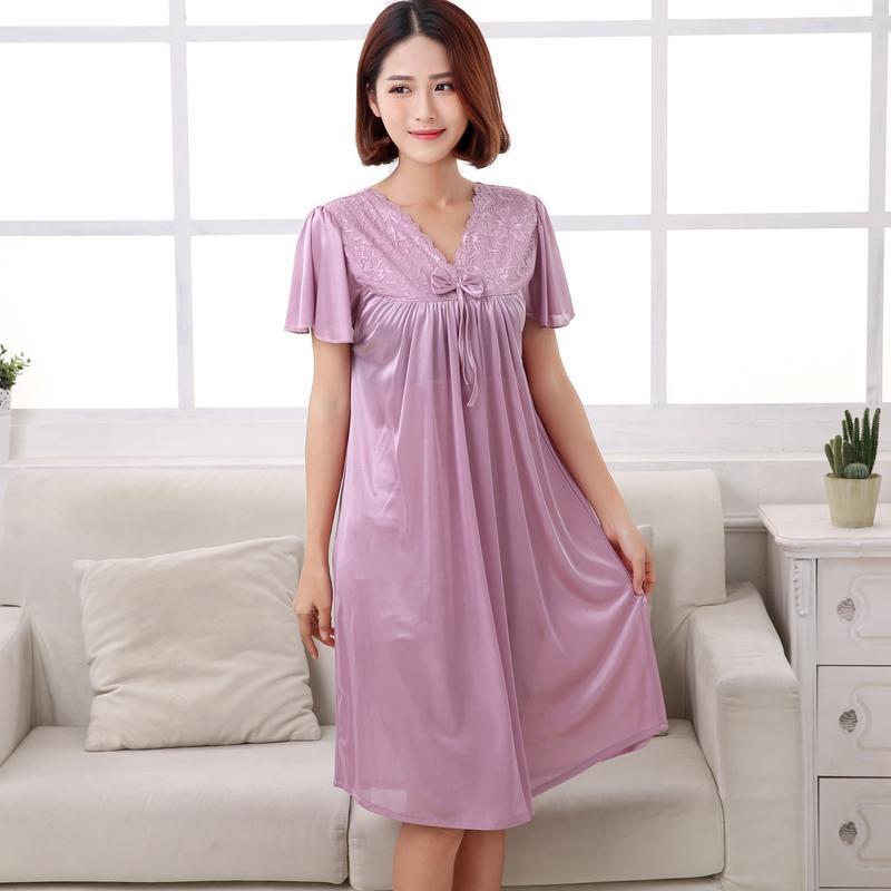 Short Sleeve Pleated Nightgown Dress-Purple-Theone Apparel