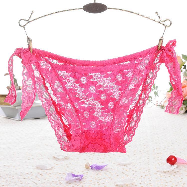 Side Tie Sheer Lace Hipster Panty-Rose Red-Theone Apparel