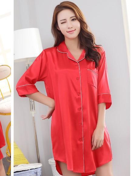 Silky Sleep Shirt with Piped Trim-Red-Theone Apparel