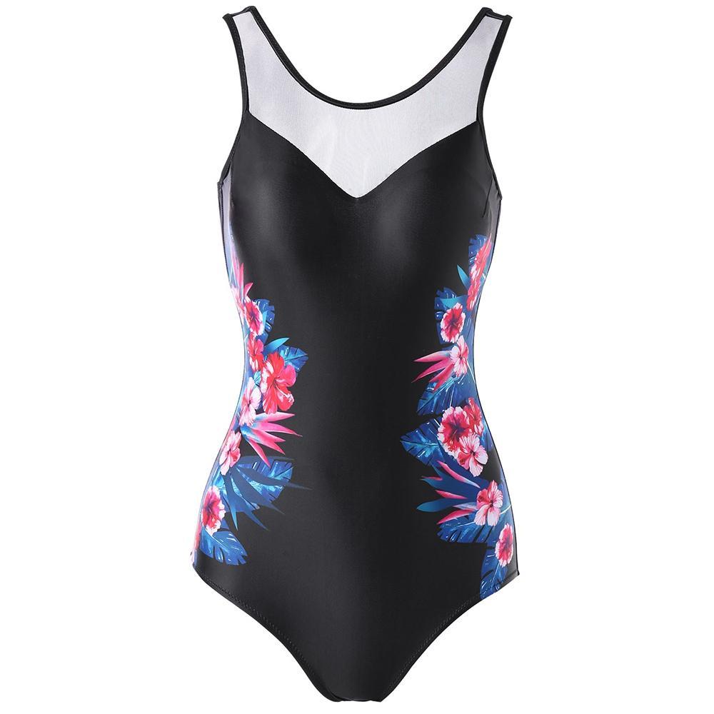 Simple Flower Print One Piece Swimwear-Black-Theone Apparel