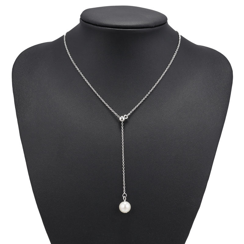 Single Faux Pearl Drop Necklace-Silver-Theone Apparel