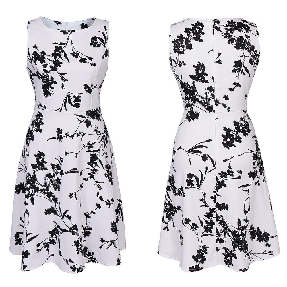 Sleeveless Grayscale Floral Print Dress-Black/White-Theone Apparel