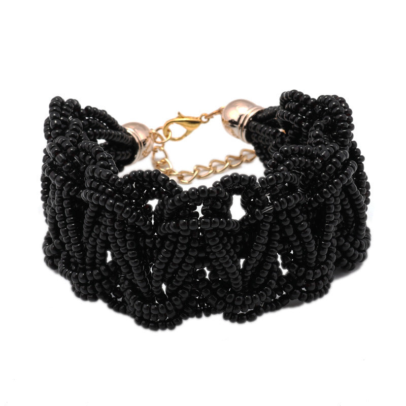 Thick Beaded Cuff Bracelet-Black-Theone Apparel