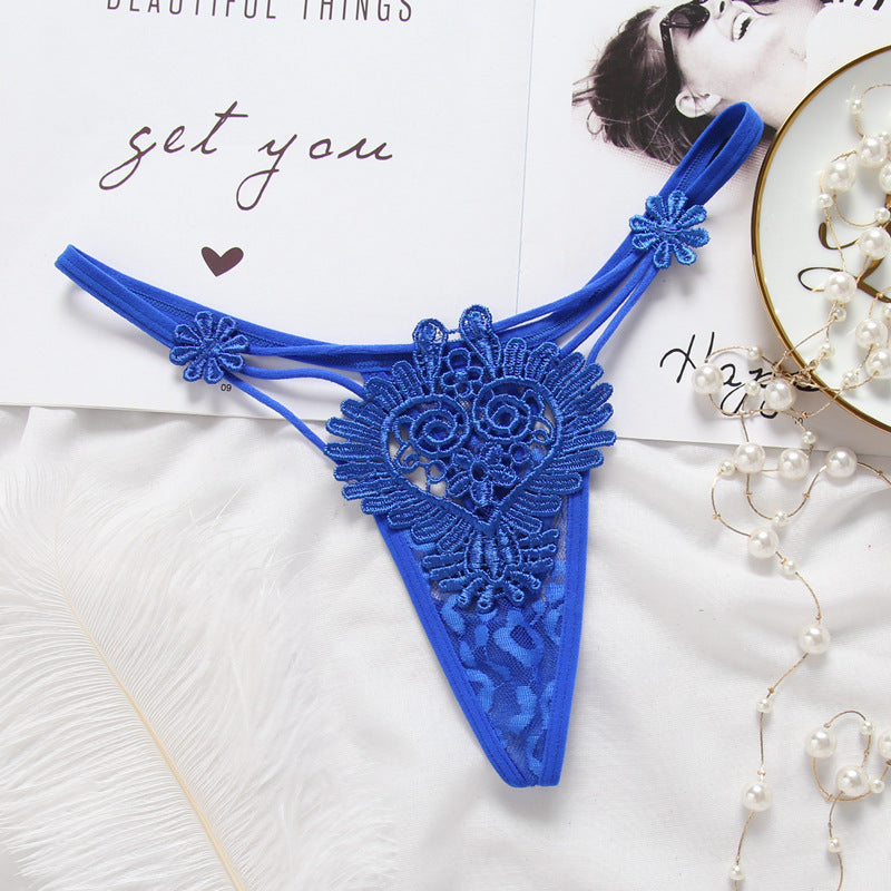 Transparent Embroidered Lace Style Cutout Thongs-Blue-Theone Apparel