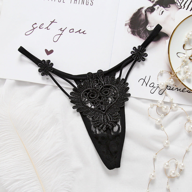 Transparent Embroidered Lace Style Cutout Thongs-Black-Theone Apparel