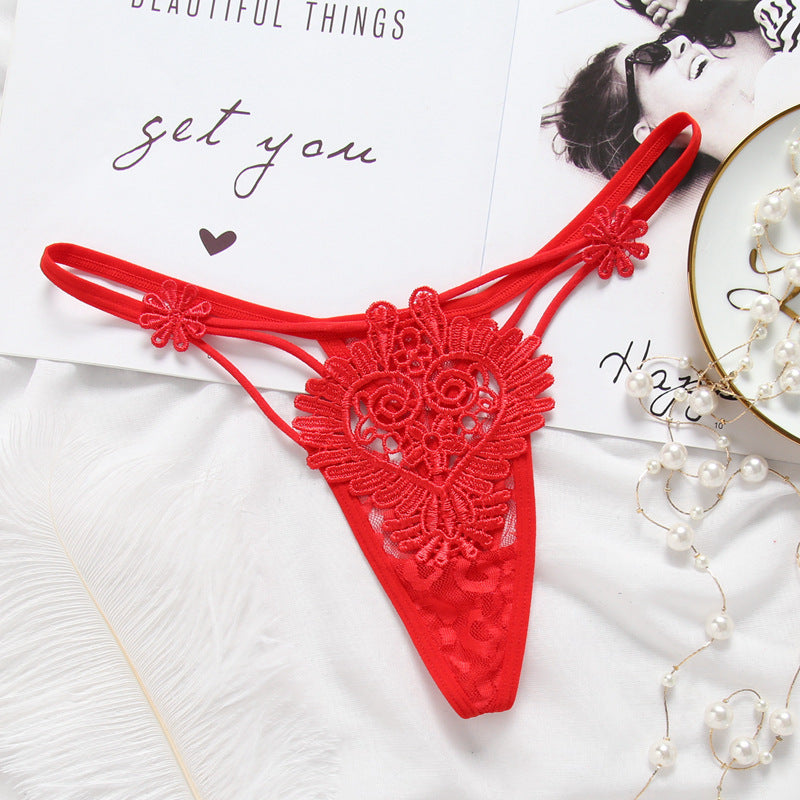 Transparent Embroidered Lace Style Cutout Thongs-Red-Theone Apparel