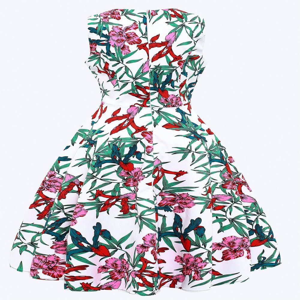 Tropical Flora Sleeveless Summer Dress-Red/Green-Theone Apparel