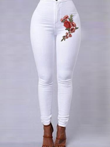 Red Floral Embroidery Skinny Jeans