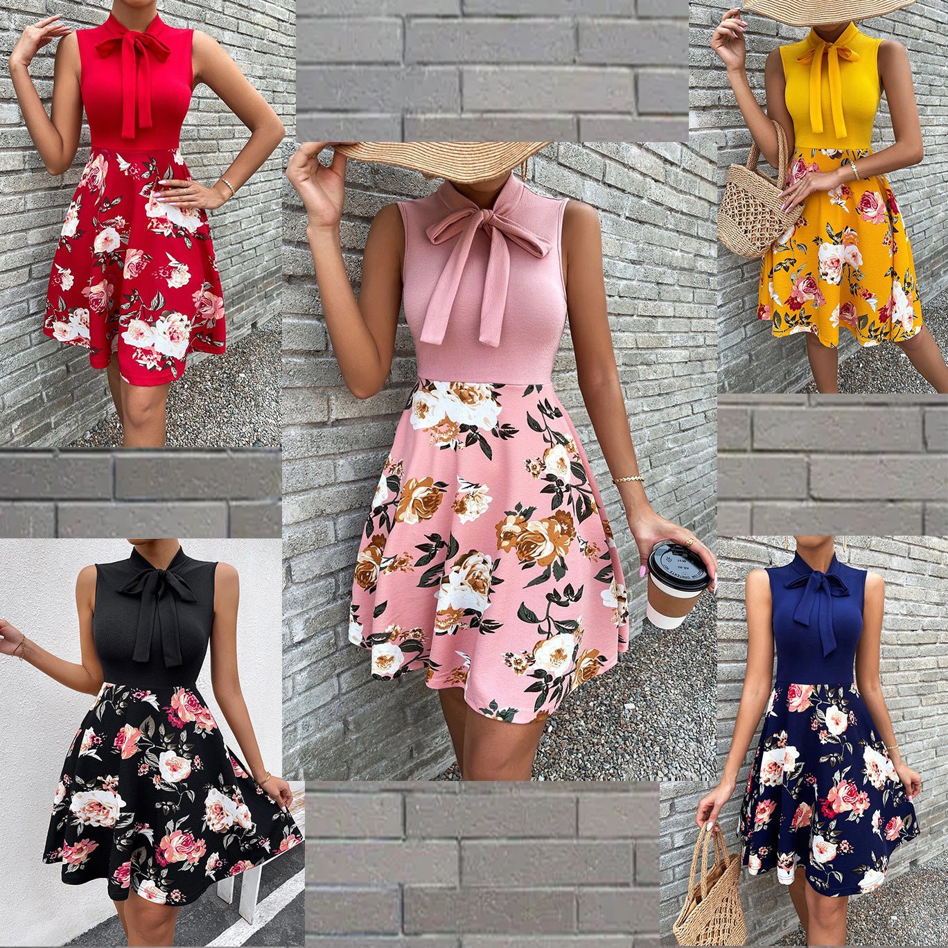 A-Line Sleeveless Floral Dress with Bow Collar - THEONE APPAREL