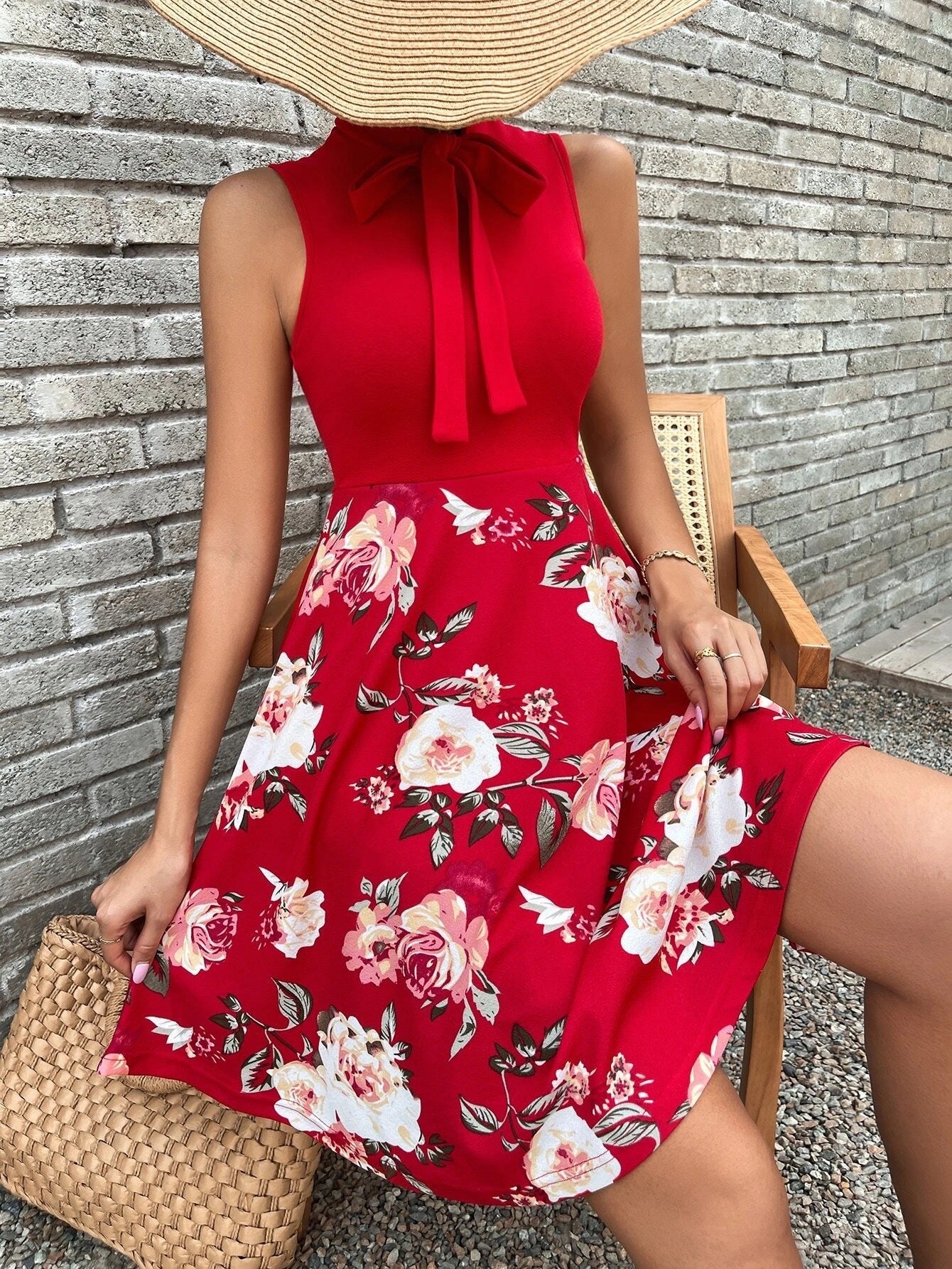 A-Line Sleeveless Floral Dress with Bow Collar - THEONE APPAREL