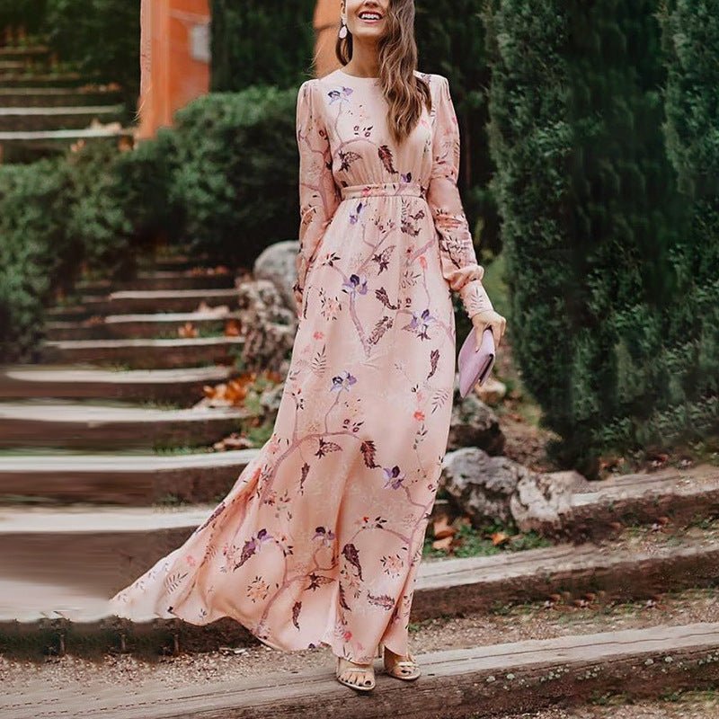 Baby Pink Floral Pattern Cinched Waist Maxi Dress - THEONE APPAREL