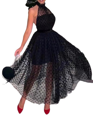 Black Polka Dot Sheer Sleeveless Dress with Mock Collar - THEONE APPAREL