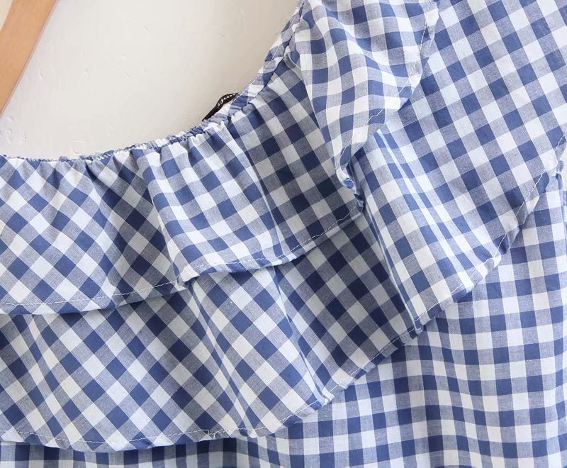 Blue & White Gingham Ruffle Top - THEONE APPAREL