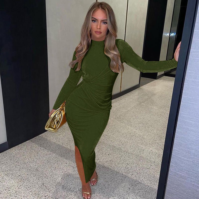 Body Con Long Sleeve Maxi Dress with Thigh Slit - THEONE APPAREL