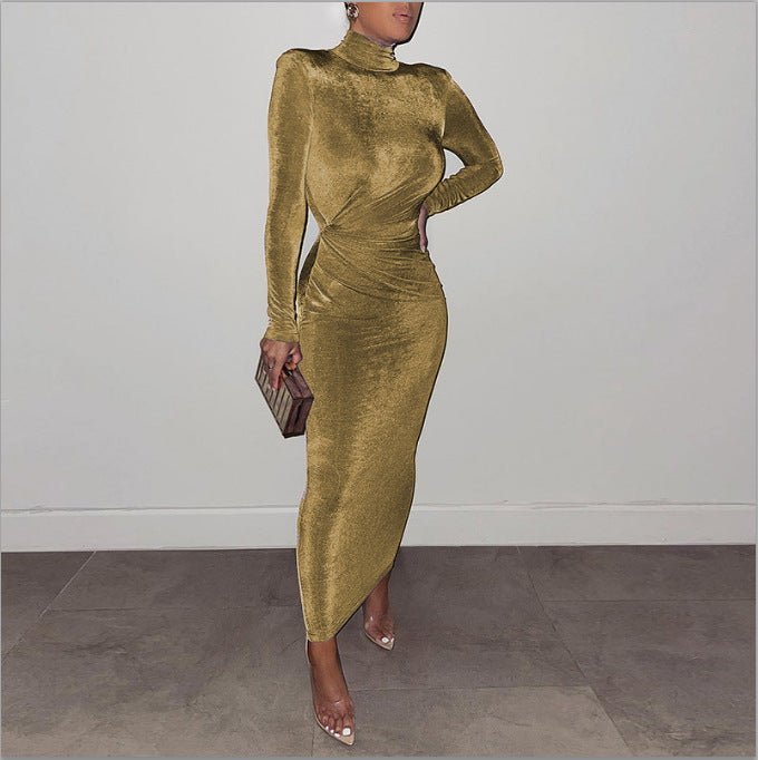 Body Con Long Sleeve Mock Neck Maxi Dress - THEONE APPAREL