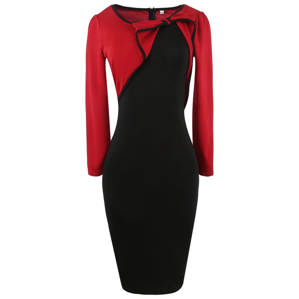 Bow-Accent Two-Tone Asymmetrical Sheath Dress - THEONE APPAREL