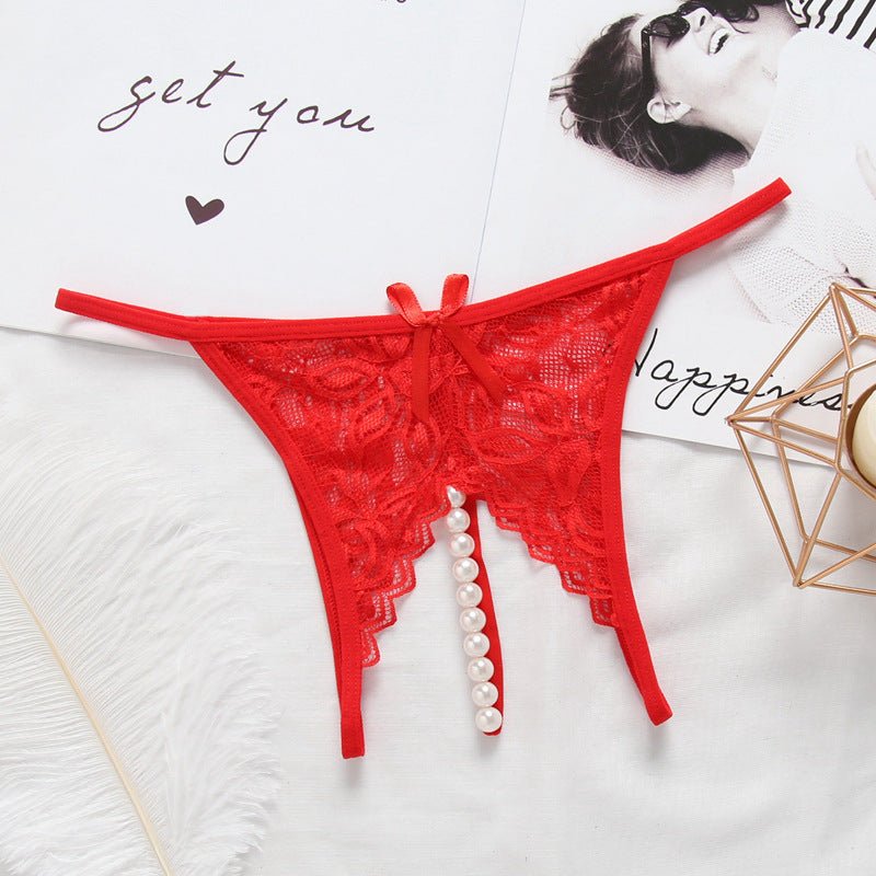 Butterfly Style Lace Cutout Thong with Pearl Strand - THEONE APPAREL