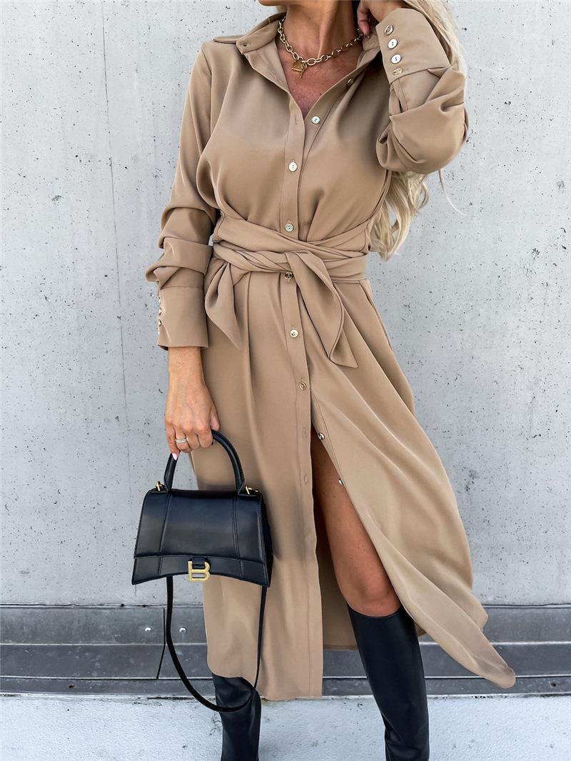 Button Down Long Sleeve Tie Waist Dress - THEONE APPAREL