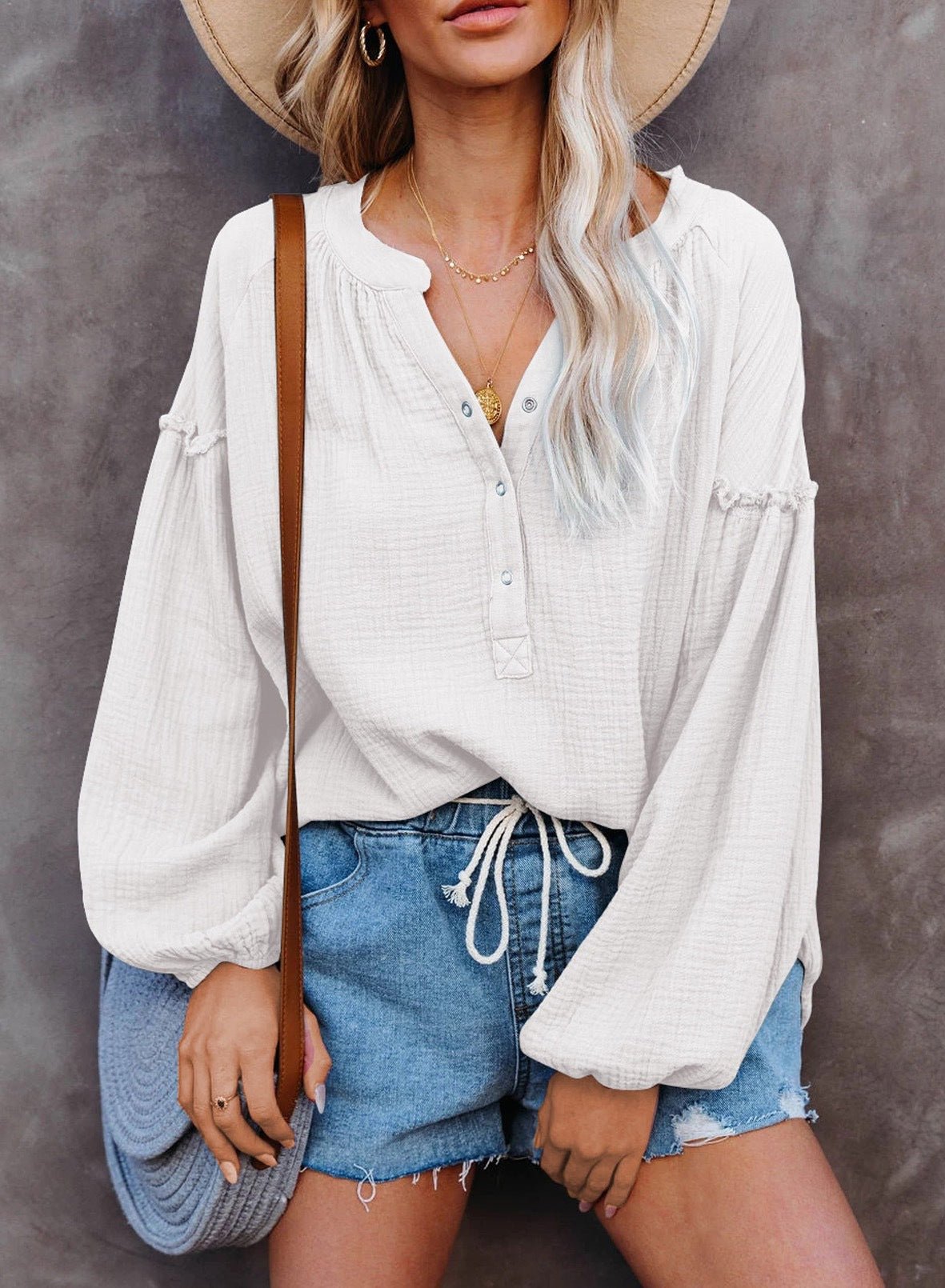 Button Up V-Neck Long Loose Sleeved Top - THEONE APPAREL