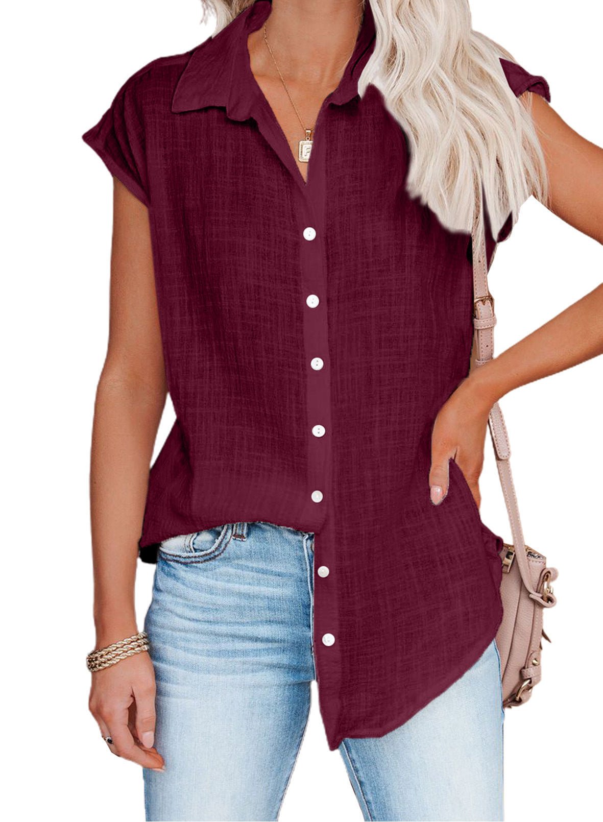 Casual Collared Button Down Short Sleeve Top - THEONE APPAREL