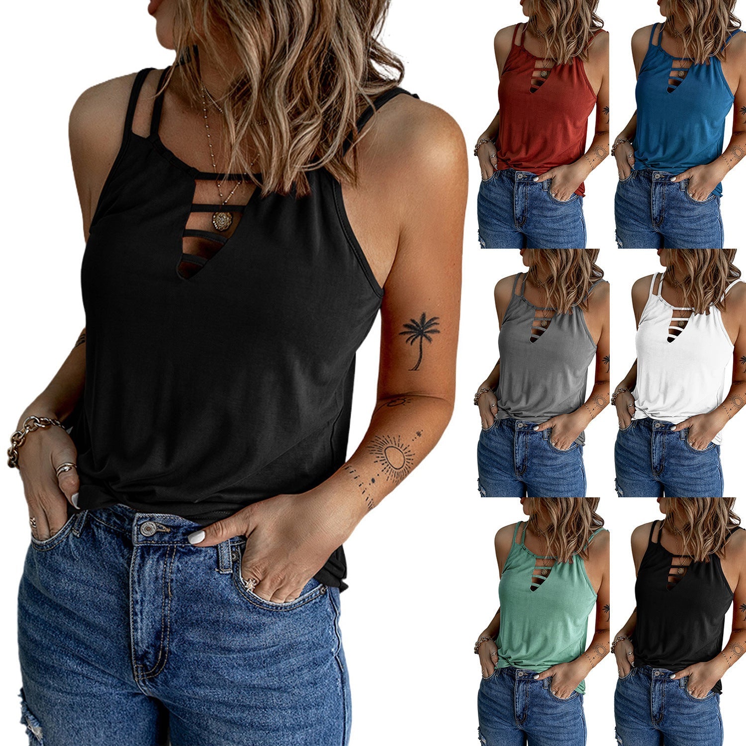 Casual V-neck Strappy Tank Top - THEONE APPAREL