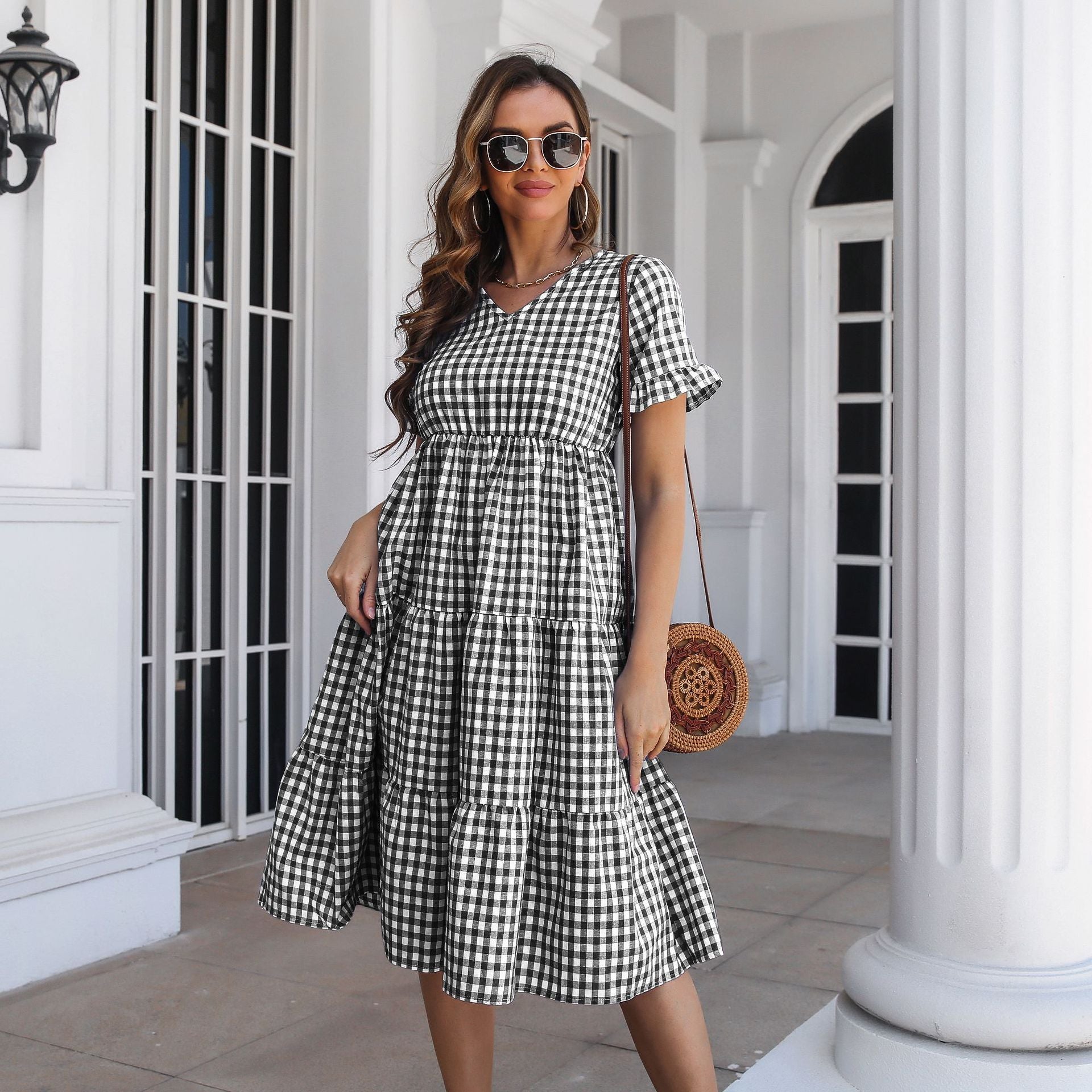 Checked Midi Dress with Tiered Skirt and Short Sleeves - THEONE APPAREL